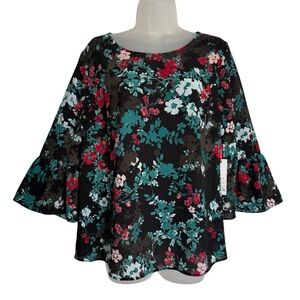 NWT Elle Black Floral Bell Sleeve Top With Floral Print Size Medium